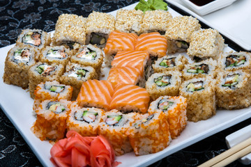 Closeup of the sushi set with salmon