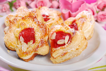 heart and flower shaped puff pastry cookies for valentines
