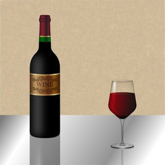 Bottiglia e calice di vino rosso