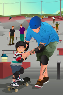 Father teaching his son skateboarding