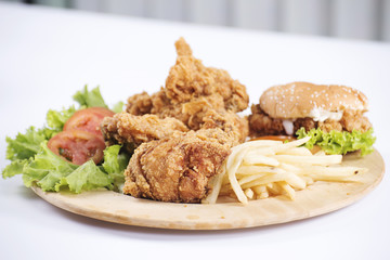 Fried chicken, burger and french fries