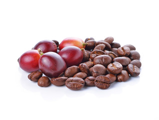 coffee beans and red ripe coffee Isolated on white background.
