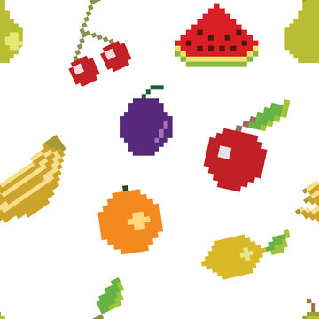 Vector Pixel Art Fruit Seamless Pattern