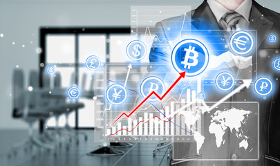 Choosing bitcoins, businessman pressing touch screen button.
