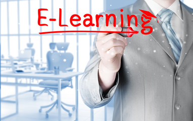 business man writing e-learning concept