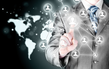 man hand pressing social media icon