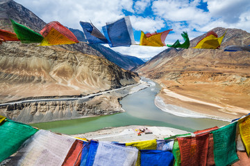 Nature landscape view of Confluence of Zanskar and Indus rivers in Leh Ladakh at India - obrazy, fototapety, plakaty