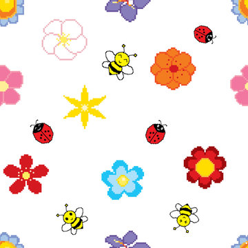 Seamless background of pixel art flowers, bees and ladybirds
