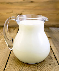 Milk in glass jug on board