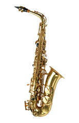 Alto sax golden saxophone isolated on white background. - obrazy, fototapety, plakaty