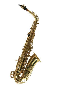 Alto sax golden saxophone isolated on white background.