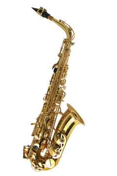 Alto sax golden saxophone isolated on white background.