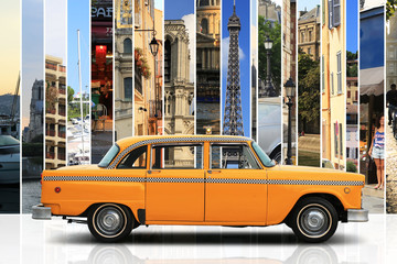 Fototapeta na wymiar Taxi, retro car orange color on the white background