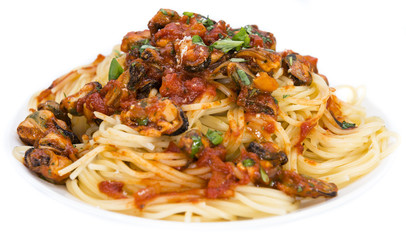 Portion of Spaghetti with Mussels (over white)
