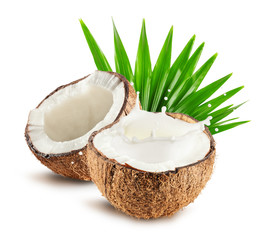 Coconuts with milk splash and leaf isolated on white background