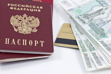 passport, large banknotes and gold credit card