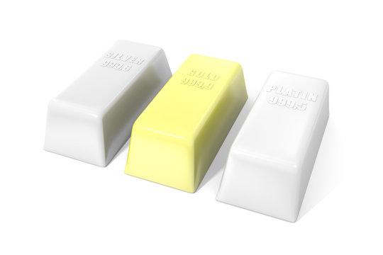 Gold, platinum and silver bullion on a white background