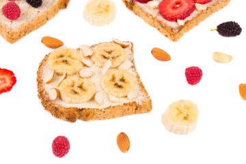 Toast with banana fruit for breakfast meal.