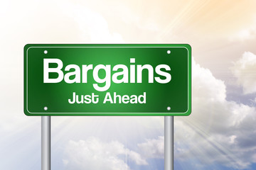 Bargains Just Ahead Green Road Sign concept