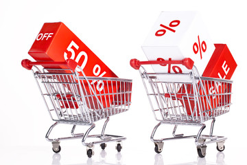 shopping carts with 50% discount and sale icon