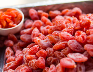 Grapes, small dried red currant-like stack of trays