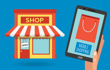 Mobile shopping apps on tablet, vector illustration