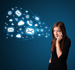 Young lady making phone call with message icons