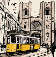 Fototapeta Typical tramway in Lisbon near Se cathedral obraz
