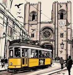 Poster Typische tram in Lissabon in de buurt van de kathedraal van Se © Isaxar