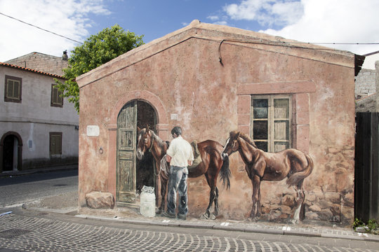 Murales di Tinnura in Sardegna: cavalli