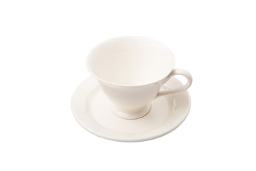 Ceramic saucer and teacup over white background 