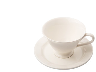 Ceramic saucer and teacup over white background 