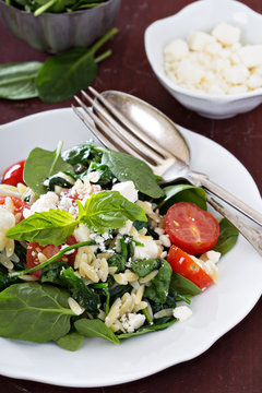 Pasta salad with orzo, spinach and feta