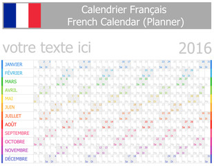 2016 French Planner-2 Calendar with Horizontal Months