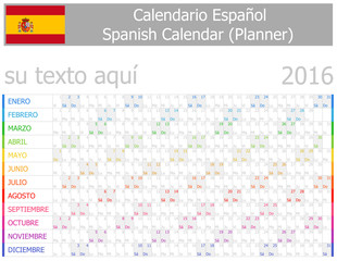 Fototapeta na wymiar 2016 Spanish Planner-2 Calendar with Horizontal Months