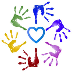 Conceptual children painted hand print and heart isolated