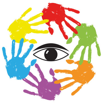 Conceptual human hand print with an eye symbol
