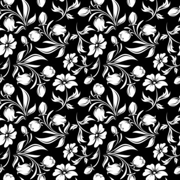 Seamless black and white floral pattern. Vector illustration.