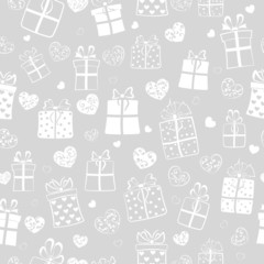 Seamless pattern of hearts and gift boxes, white on gray