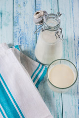 Farm fresh organic milk on cottage table