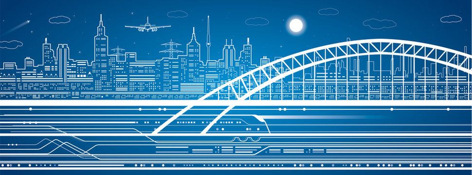 Train on bridge, background city, airplane fly, infrastructure