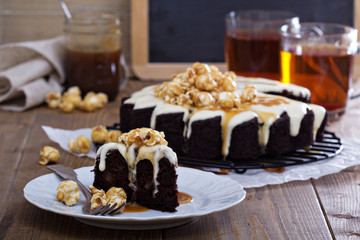 Chocolate cake with cream glaze and caramel