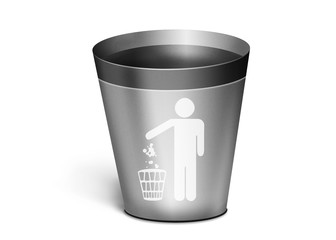 simple metal trash bin on a white background