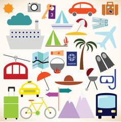 Fototapeta na wymiar Travel and vacation vector symbols collection
