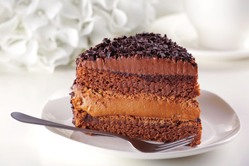 Delicious chocolate cake on plate on table on light background