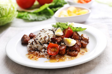 Tasty rice served on table, close-up