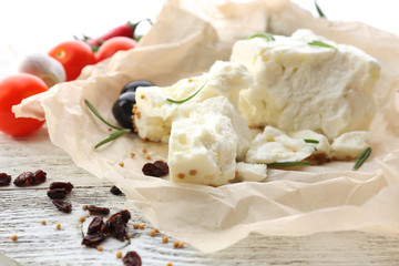 Feta cheese on table