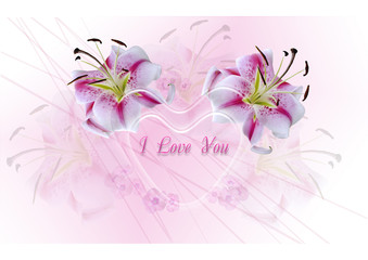 Transparent hearts with white lilies on a pink background