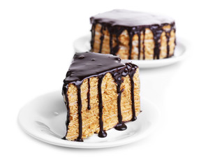 Chocolate cake on white table