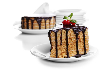 Chocolate cake on white table